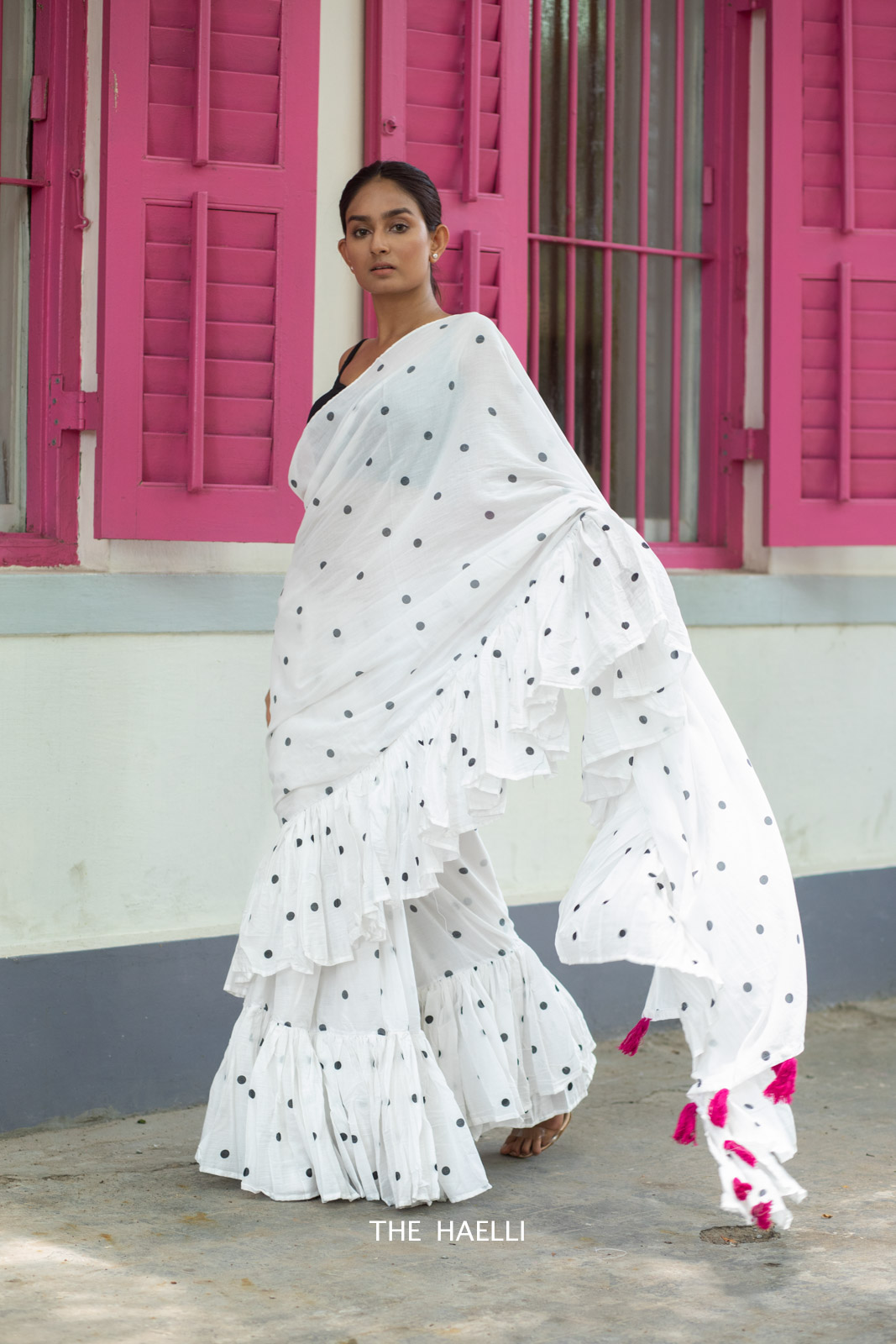 Manushi Chillar - White Net Elm Pre-draped Ruffle Saree With Blouse | Deval  The Multi Designer Store
