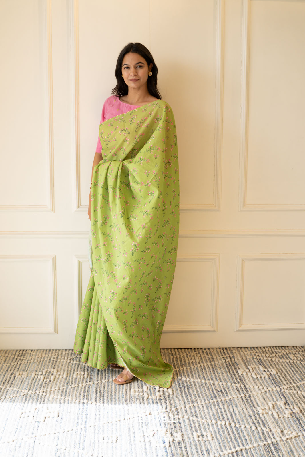 Buy Green Handloom Cotton Linen Saree with Pink Printed Blouse Piece |  STB40-5412/SB4O59MAY | The loom